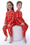 %100 Pamuk Interlok Kumaş Unisex Kız Ve Erkek Çocuk Yılbaşı Pijama Takımı Kırmızı Noel Temalı