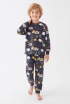 %100 Pamuk Süprem Erkek Çocuk Pijama Takımı Füme Uzay Gezegen Desenli Uyku Seti Penye