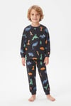 %100 Pamuk Süprem Erkek Çocuk Pijama Takımı Füme Renkli Dinozor Desenli Penye Uyku Seti