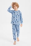 %100 Pamuk Süprem Erkek Çocuk Pijama Takımı Mavi Piksel Desenli Gamer Temalı Penye
