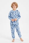 %100 Pamuk Süprem Erkek Çocuk Pijama Takımı Mavi Piksel Desenli Gamer Temalı Penye
