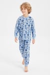 %100 Pamuk Süprem Erkek Çocuk Pijama Takımı Mavi Piksel Desenli Gamer Temalı Penye