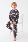 %100 Pamuk Süprem Erkek Çocuk Pijama Takımı Füme Uzay Gezegen Desenli Uyku Seti Penye