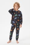%100 Pamuk Süprem Erkek Çocuk Pijama Takımı Füme Renkli Dinozor Desenli Penye Uyku Seti