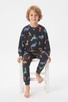 %100 Pamuk Süprem Erkek Çocuk Pijama Takımı Füme Renkli Dinozor Desenli Penye Uyku Seti
