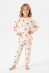 %100 Pamuk Süprem Kız Çocuk Pijama Takımı Krem Kırmızı Kalp Desenli Penye Uyku Seti