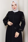 Bağcıklı Kolu Nakışlı Ferace Siyah HM2854