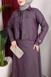 Denim Ceketli Kemerli Sıfır Kol Elbise Takım - Bordo