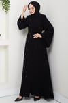 Kuşaklı Çiçek Taşlı Ferace Siyah HM2853