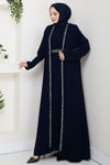 Taş Detaylı İçlikli Abaya Takım Lacivert HM2858