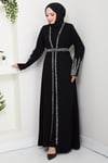 Taş Detaylı İçlikli Abaya Takım Siyah HM2858