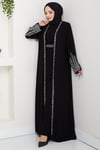 Taş Detaylı İçlikli Abaya Takım Siyah HM2858
