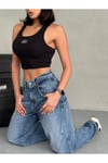 BALOON FİT DİKİŞ DETAYLI BALTA CEPLİ DARK BLUE JEAN
