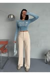BEJ DENIM KUMAŞ WİDE-LEG PANTOLON