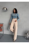 BEJ DENIM KUMAŞ WİDE-LEG PANTOLON