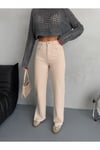 BEJ DENIM KUMAŞ YIRTMAÇ DETAYLI WİDE-LEG PANTOLON