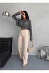 BEJ DENIM KUMAŞ YIRTMAÇ DETAYLI WİDE-LEG PANTOLON