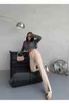 BEJ DENIM KUMAŞ YIRTMAÇ DETAYLI WİDE-LEG PANTOLON
