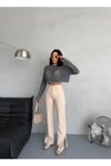 BEJ DENIM KUMAŞ YIRTMAÇ DETAYLI WİDE-LEG PANTOLON