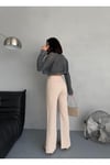 BEJ DENIM KUMAŞ YIRTMAÇ DETAYLI WİDE-LEG PANTOLON