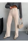 BEJ DENIM KUMAŞ YIRTMAÇ DETAYLI WİDE-LEG PANTOLON