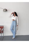 Kadın açık mavi baggy jean yüksek bel kot pantolon denim kumaş yanlardan lazerlİ
