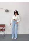 Kadın açık mavi baggy jean yüksek bel kot pantolon denim kumaş yanlardan lazerlİ