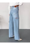 Kadın açık mavi baggy jean yüksek bel kot pantolon denim kumaş yanlardan lazerlİ
