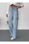Kadın açık mavi baggy jean yüksek bel kot pantolon denim kumaş yanlardan lazerlİ