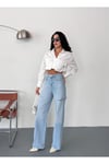 Kadın açık mavi baggy jean yüksek bel kot pantolon denim kumaş yanlardan lazerlİ