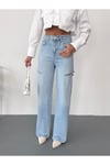 Kadın açık mavi baggy jean yüksek bel kot pantolon denim kumaş yanlardan lazerlİ
