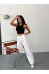 Kadın Beyaz Denim Kumaş Skater Fit Yüksek Bel Pantolon