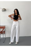 Kadın Beyaz Denim Kumaş Skater Fit Yüksek Bel Pantolon