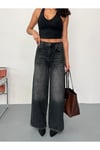 Kadın Füme Taşlamalı Baggy Jean yüksek bel geniş paça kot pantolon Siyah