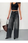 Kadın Füme Taşlamalı Baggy Jean yüksek bel geniş paça kot pantolon Siyah