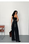 Kadın Füme Taşlamalı Baggy Jean yüksek bel geniş paça kot pantolon Siyah