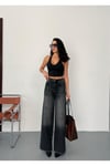 Kadın Füme Taşlamalı Baggy Jean yüksek bel geniş paça kot pantolon Siyah