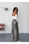 Kadın kahve-beyaz leopar desenli wide-leg yüksek bel kot pantolon denim kumaş
