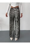 Kadın kahve-beyaz leopar desenli wide-leg yüksek bel kot pantolon denim kumaş