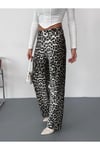 Kadın kahve-beyaz leopar desenli wide-leg yüksek bel kot pantolon denim kumaş