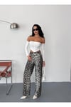 Kadın kahve-beyaz leopar desenli wide-leg yüksek bel kot pantolon denim kumaş