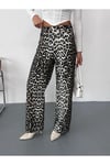 Kadın kahve-beyaz leopar desenli wide-leg yüksek bel kot pantolon denim kumaş
