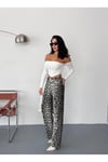 Kadın kahve-beyaz leopar desenli wide-leg yüksek bel kot pantolon denim kumaş