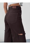 KADIN KAHVERENGİ BAGGY JEAN YÜKSEK BEL KOT PANTOLON DENİM KUMAŞ YANLARDAN LAZERLİ