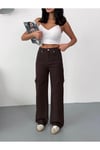 KADIN KAHVERENGİ BAGGY JEAN YÜKSEK BEL KOT PANTOLON DENİM KUMAŞ YANLARDAN LAZERLİ