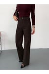 Kadın Kahverengi Ön cepli Wide-Leg Jean yüksek bel geniş paça kot pantolon