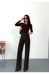 Kadın Kahverengi Ön cepli Wide-Leg Jean yüksek bel geniş paça kot pantolon