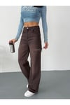 Kadın kahverengi taşlamalı baggy jean yüksek bel kot pantolon denim kumaş yanlardan lazerli