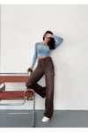Kadın kahverengi taşlamalı baggy jean yüksek bel kot pantolon denim kumaş yanlardan lazerli