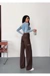 Kadın kahverengi taşlamalı baggy jean yüksek bel kot pantolon denim kumaş yanlardan lazerli
